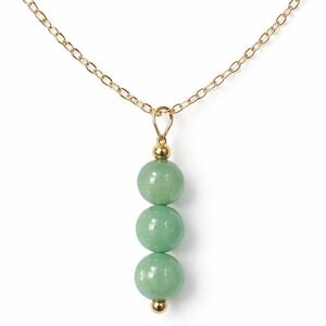 Green Jade Triple Bead Pendant Necklace Gold Tone Adjustable Chain Serenity